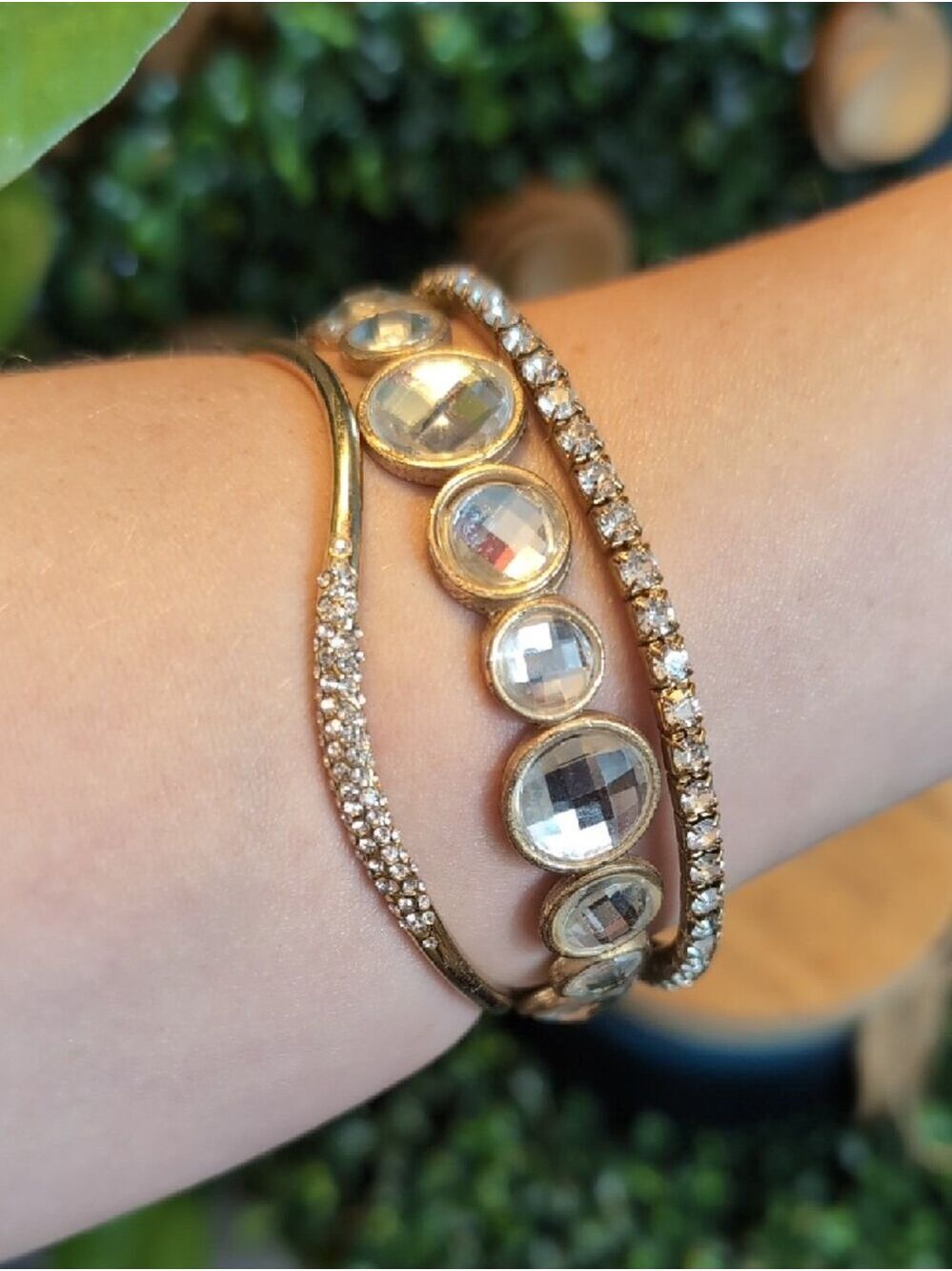 Bezel Wavy & Pavē Crystal Bracelet Trio — Sparkling Gold Toned